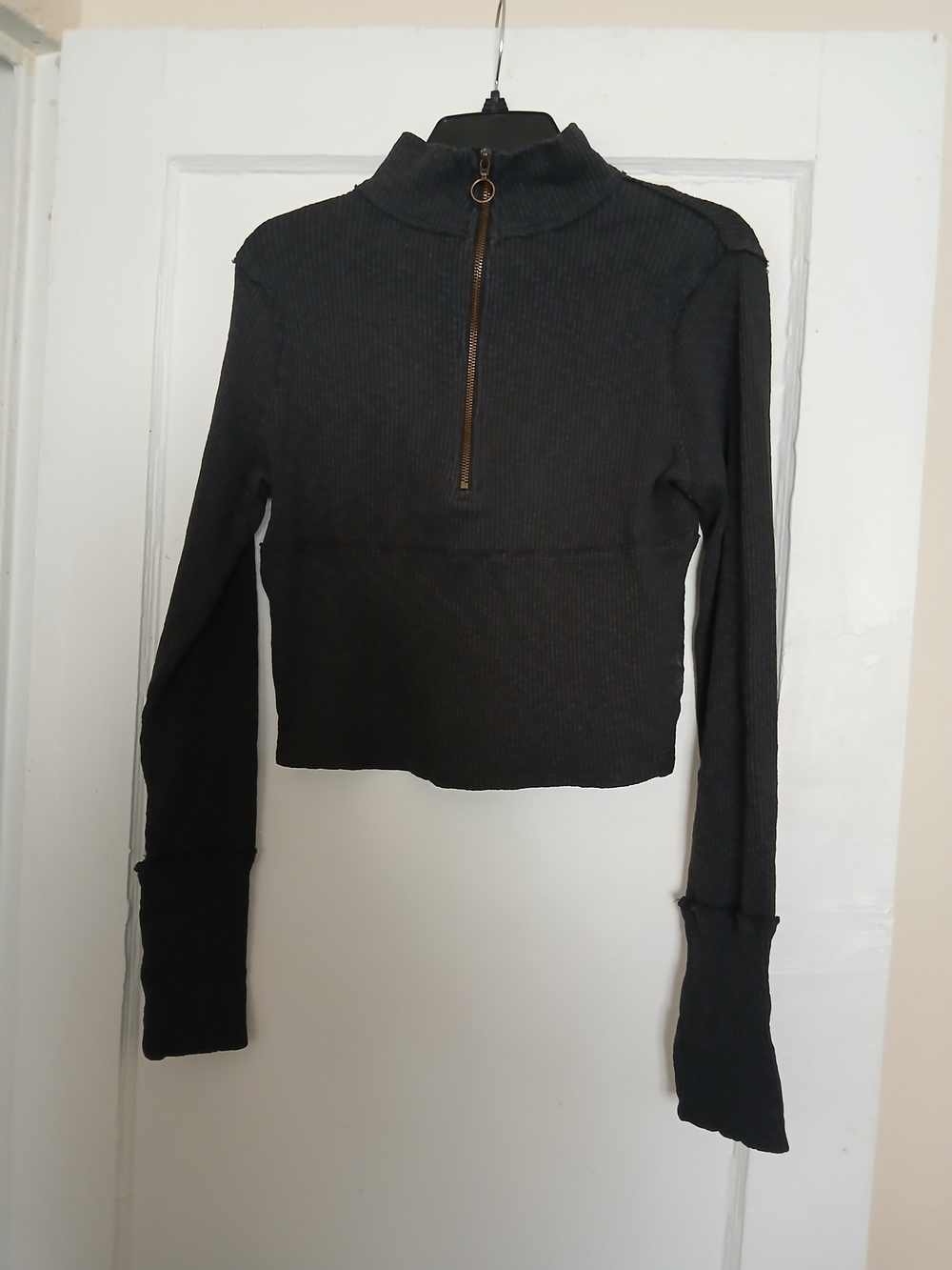 We The Free Charcoal Black Cropped Ribbed Half-Zip Pullover